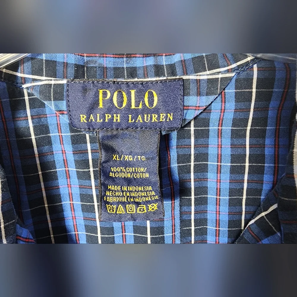 VINTAGE  Polo Ralph Lauren  Men's Pajama Top Plaid Size Extra Large Blue - Picture 5 of 10